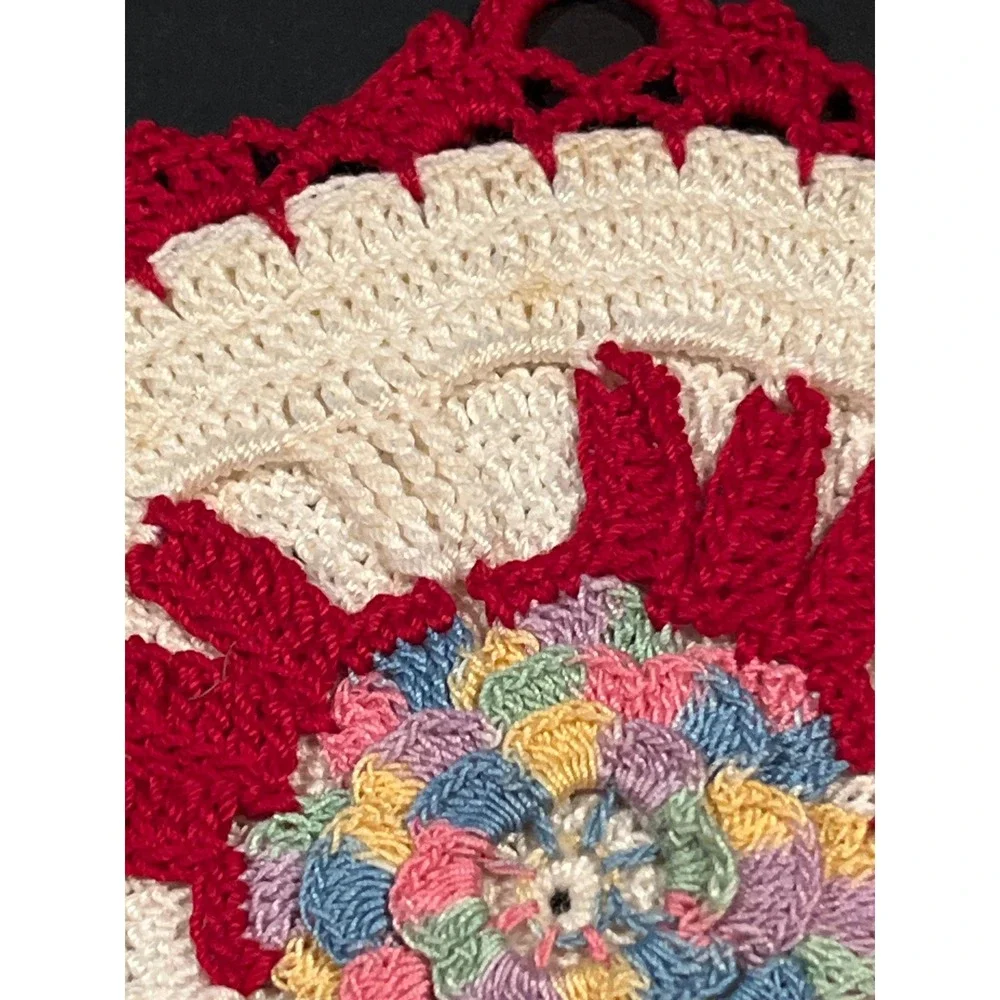 Vintage Handmade Crochet Pot Holders Set of 3 Red Cream Floral Farmhouse Kitchen